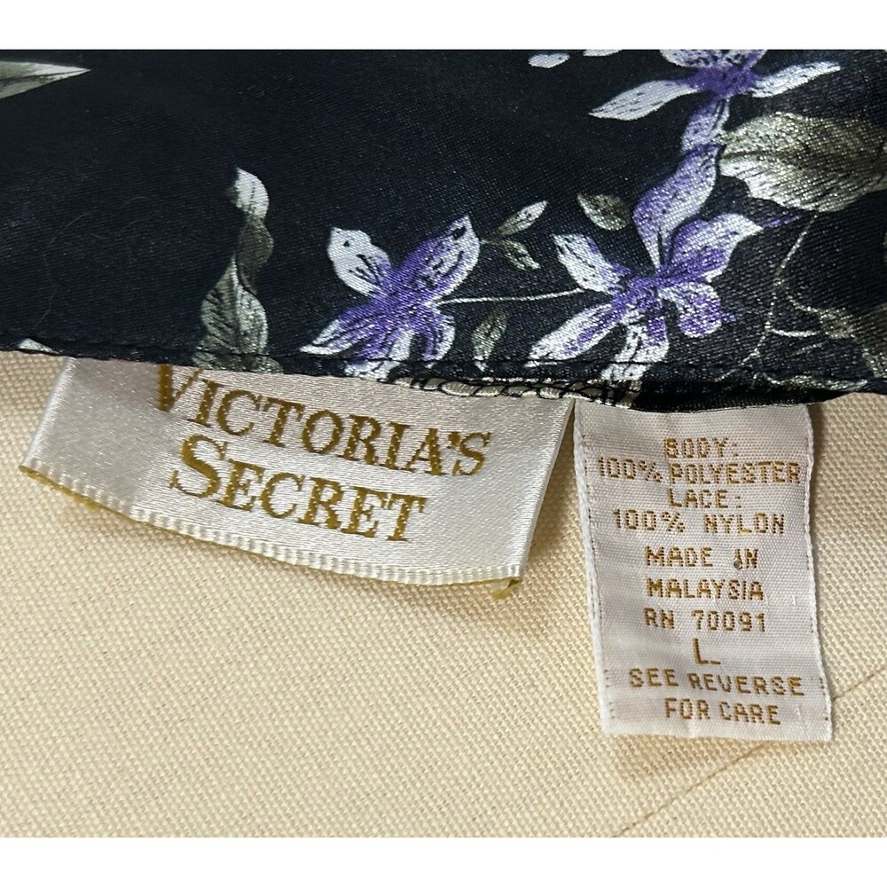 Vintage Victorias Secret Gold Label Black Floral Satin Lace Nightgown Chemise L - Picture 7 of 7
